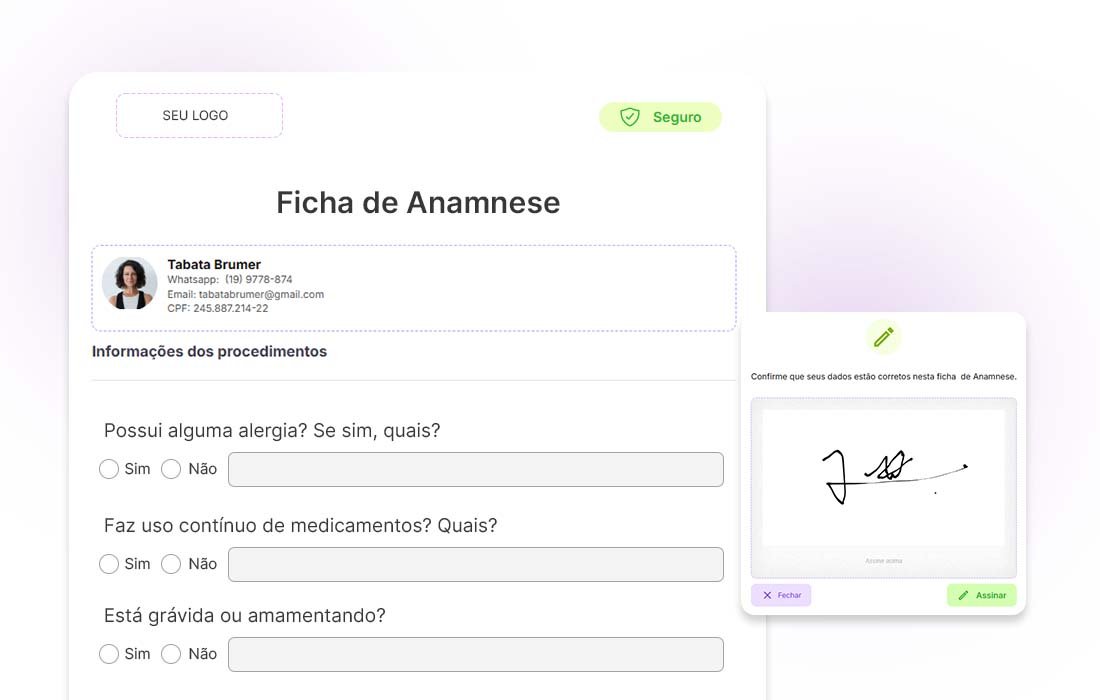Ficha de anamnese digital do Simple Clinic com assinatura online