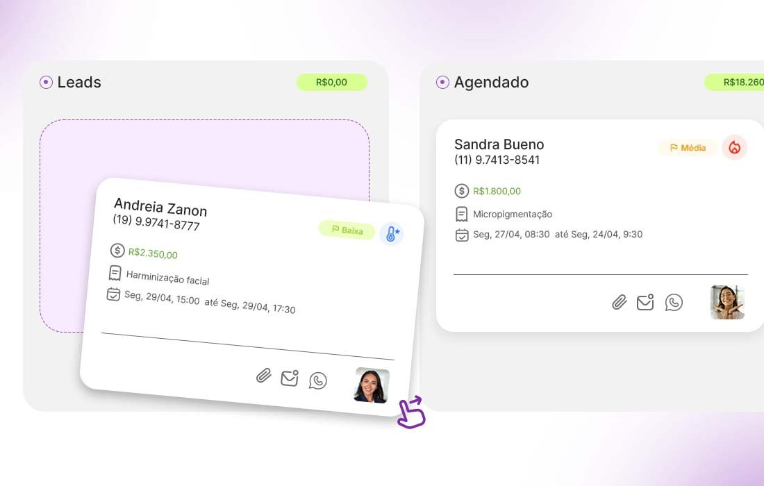 Funil de vendas do Simple Clinic com cards de leads e agendados