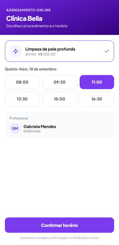Tela de agendamento online do Simple Clinic no celular, com escolha de procedimento e horário