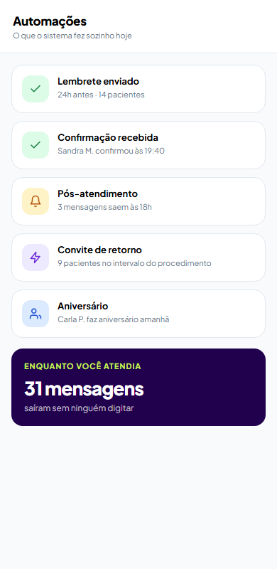 Tela de automações do Simple Clinic com os gatilhos ativos e o tempo de cada um